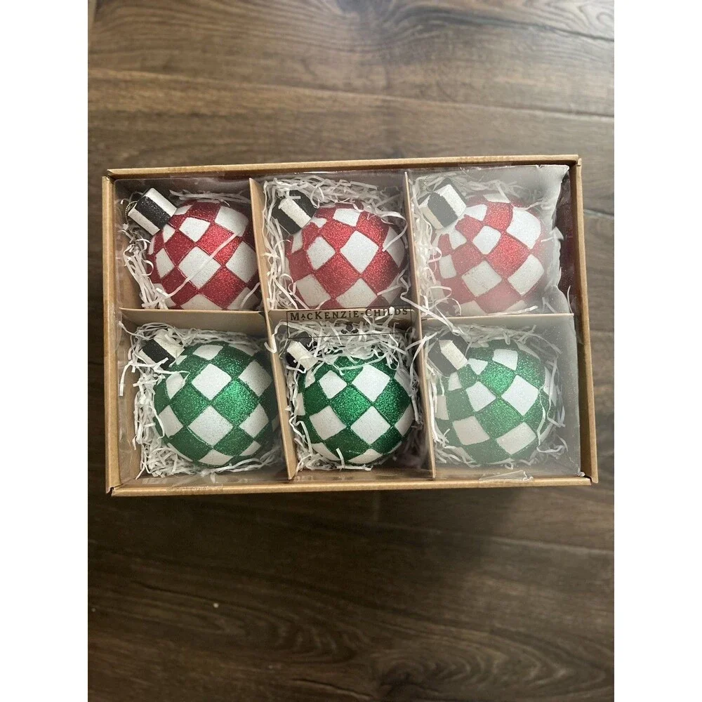 Mackenzie-Childs Red & Green Check It Out Large Glass Glitter Ornament Set 6 NEW